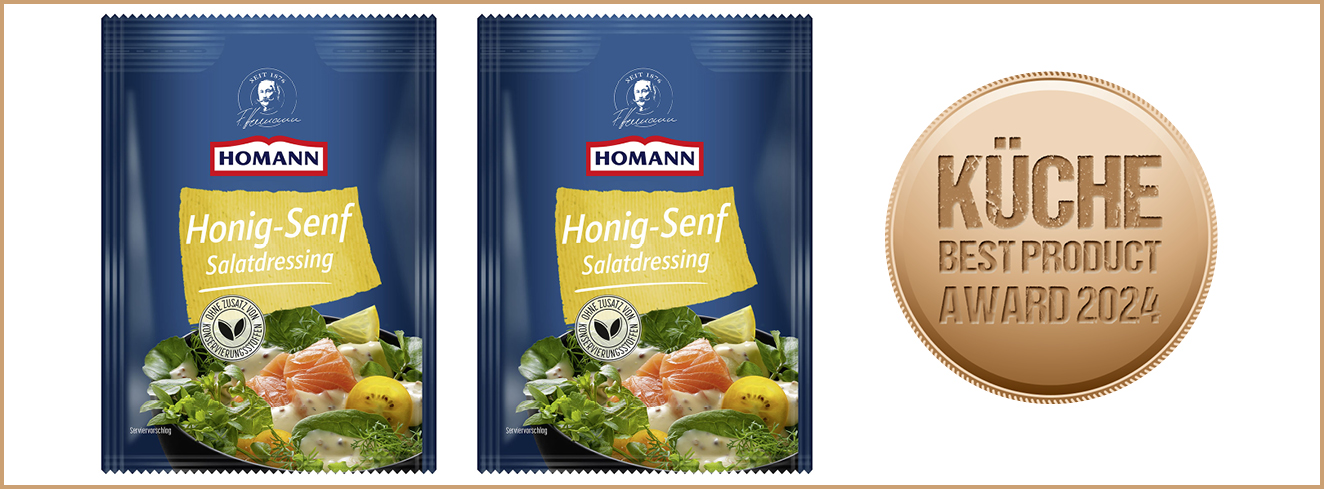 Kategorie Dressings, Essige, Öle: Bronze für Salatdressing Honig-Senf im Portionsbeutel von Homann.